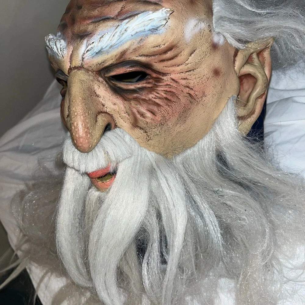 Vintage 2003 OLD MAN Mask WIZARD Full Head White Hair Beard Pointed Elf Ears VTG